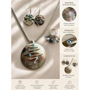 Mother of Pearl Shell Necklace Earrings Ring Set Blue Rhinestone Nautical